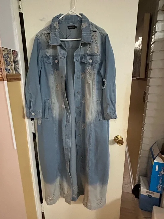 Long Distressed Denim Jacket Dress - Light Blue - Picture 3 of 9